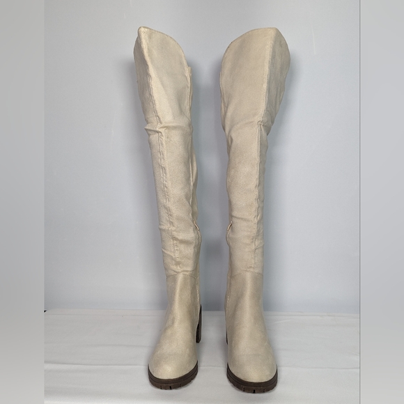 NEW Coutgo Womens Faux Suede Over Knee High Block Winter Style boot Sz 8.5 cream - Picture 2 of 4